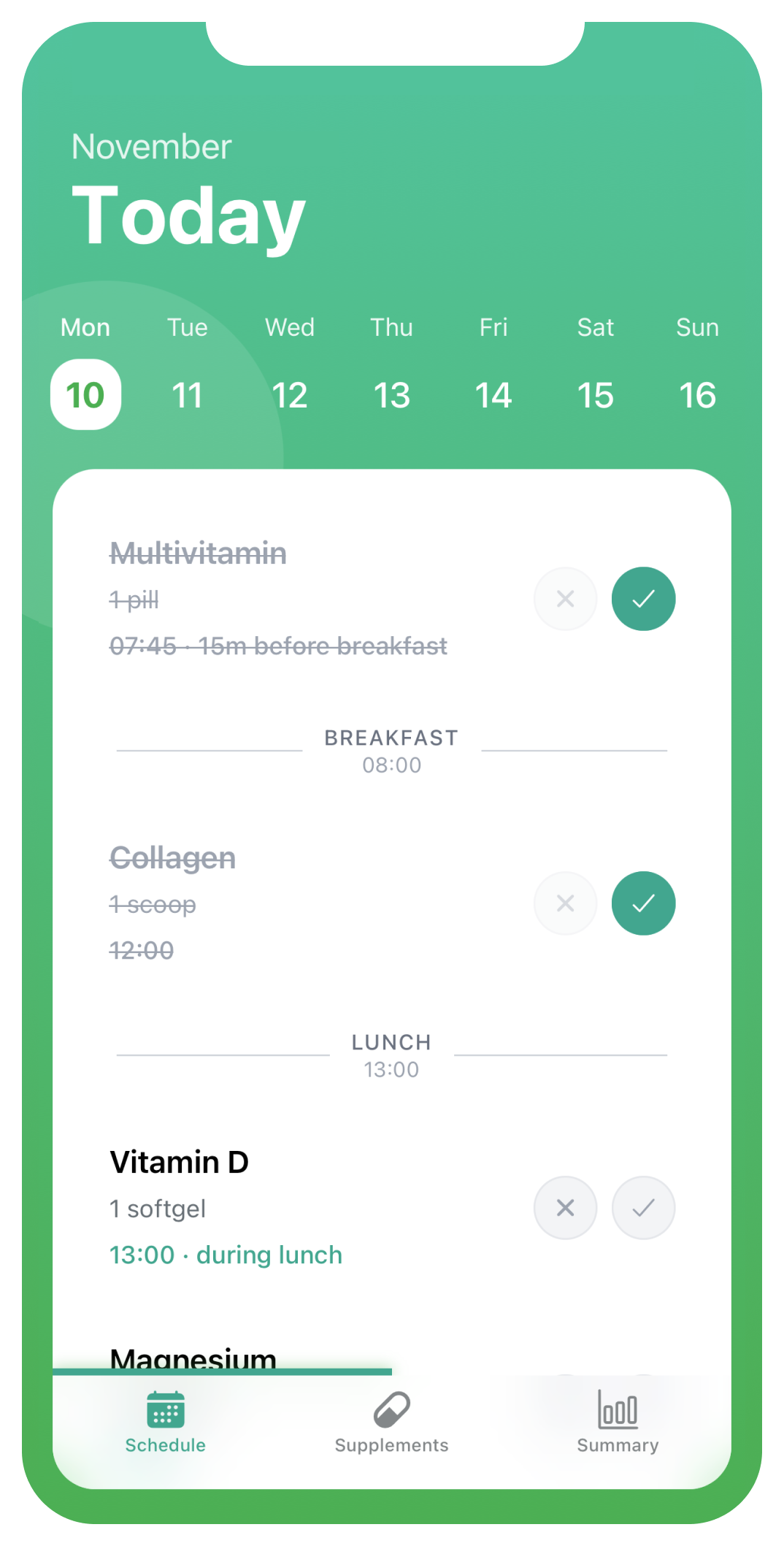SuppleTrack App - Schedule View